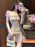 KYLETHOMASW  -  Sweet Floral Mini Dress Women Summer Casual Beach Vacation Sleeveless Dresses Slim Fit Slash Neck Cute Ruffles A Line Dress New