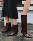 KYLETHOMASW  -  Burgundy Patent Leather High-Top Long Boots For Women Wine Red Pointed Toe Slip On Botas Largas De Mujer Kitten Low Heels Mature