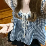 KYLETHOMASW  -  Blue Plaid Lace Drawstring Vest Suspender for Women's New Loose and Slim Versatile Sweet and Gentle Top