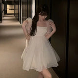 KYLETHOMASW  -  Women Sexy Mesh Skirt Sweet Kawaii Japanese Fairy Party Elegant Dresses Summer Fashion Bubble Sleeve White Short Sleeve Dress