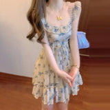 KYLETHOMASW  -  Sweet Hot Girl Beach Holiday Floral Dress Women's Summer Slim-fit Square Collar Sleeveless A-line Dress Fashion Female Clothes
