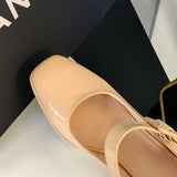 KYLETHOMASW  -  Red Patent Leather Mary Jane Pumps for Women Strap Buckle Chunky High Heels Shoes Woman Platform Pump Burgundy Party 43