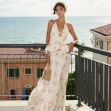 KYLETHOMASW  -  Flower Print 2 Piece Set Woman Halter Low-Neck Bow Decoration Tank Tops+Ruffles Long Skirts Beach Style Elegant Outfits
