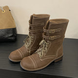 KYLETHOMASW  -  Fashion Design Narrow Band Lace-up Women Knee-High Boots Vintage Spring Autumn Round Toe Square Low Heels Shoes