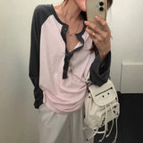 KYLETHOMASW  -  Korean Autumn Versatile Loose Pullover Top Niche Fashion Contrasting Long Sleeved Knitted Top Casual Button Decoration Loose Top