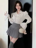 KYLETHOMASW  -   Y2K 3 Piece Set for Women Preppy Style Flare Sleeve Shirt Square Collar Vest Pleated Mini Skirt Sweet Solid Chic Female Outfits