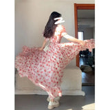 KYLETHOMASW  -  Summer Niche French Pink Floral Off-shoulder Dress Atmosphere Sense Vacation Style Tea Break Long Skirt Princess Dress