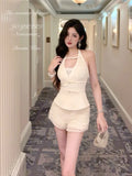 KYLETHOMASW  -  Sexy Set Women's Metal Buckle Halter Neck Top High Waist Shorts Two-piece Set Fashion Female Clothes