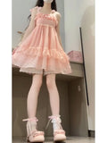 KYLETHOMASW  -  Summer New France Sweet Elegant Girl Pink Polka Dot Dress Women's Japanese Kawaii Slim Sling Off Shoulder Short Cute Dresses