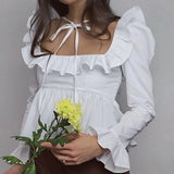 KYLETHOMASW  -  Vintage blouses for women fashion 2024 white ruffle top elegant korean fashion long sleeve blouses women casual shirts elegant