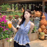 KYLETHOMASW  -  Women Summer Halter Neck Sleeveless Backless Blouse Top Lace Trim Boho Peplum Camisole Elegant Holiday Beachwear Korean Style