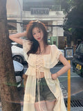 KIylethomasw Sexy Off Shoulder Ruffles Dress for Women 2024 Summer New Sun Protection Dresses Y2k E-Girl Slim Waist Mid-length Vestidos