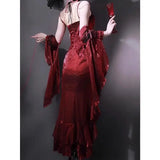 KYLETHOMASW  -  Christmas Robe Gorgeous Elegant Lolita Dress Red Rose High-end Slimming Fishtail Strap Camisole Long Dress for Women