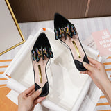 Kylethomasw Summer 2024 New Sandals Women's Sheer High Heels Butterfly Rhinestones Stiletto Heel Slippers