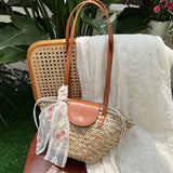 KYLETHOMASW  -  Women Straw Woven Tote Bag Summer Beach Bags Large Capacity Tote Clutch Bags with Ribbon Chic Hobo Bag for Party Vacation