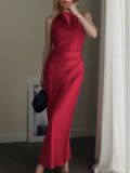 KYLETHOMASW  -  Summer New Women Sleeveless Dress Fashion Temperament Sexy Silk Satin Texture Solid Color Midi Long Dress Women Elegant