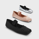 KYLETHOMASW  -  sweet pink silk flat shoes woman square toe bowtie ballet flats silver leather mary janes shoes elastic band moccasions women