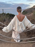 KYLETHOMASW  -  Cream Chunky Knit Loose Sweater Bow Tie Backless Lantern Sleeve 2025 Autumn Fashion Sweet Lady Top Holiday Elegant Chic Cardigan