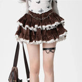 KYLETHOMASW  -  Brown Sweet Corduroy Skirt Women Korean Style Kawaii Cake Mini Skirt Black Lace Spliced High Waist Ruffle Short Skirts