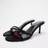 KYLETHOMASW  -  Cherry Decorate Black Slingback Stilettos Women Round Head Open Toe High Heel Slippers Sexy Pump Sandals Shoe For Woman ﻿