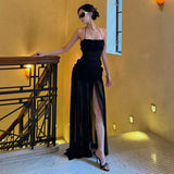 KYLETHOMASW  -  Mesh Patchwork Maxi Dress Women Halter Sexy Off Shoulder Backless Splits Gown Midnight Prom Party Ruched Elegant Dress