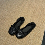 KYLETHOMASW  -  Sheepskin Niche Bow Elastic Large Size Flat Shoes Round Toe Comfortable Small Leather Shoes Grandma Ballet Flats