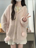 KYLETHOMASW  -   Sweater Women Sweet Furry Hooded Long Sleeve Loose Stretch Single Breasted Pockets Ball Drawstring Knitted Cardigan