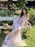 KYLETHOMASW  -  Flowy Flounce Evening Party Gown Fairy Tulle Ruffled Halter Sleeveless Maxi Long Mermaid Dress Women Summer Clothes