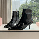 KYLETHOMASW  -  Fashion Patent Leather Belt Buckle Women Ankle Boots Elegant High heels Autumn Winter Chelsea Office Lady Short Booties Shoes