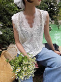 Limiguyue Korean V Neck Lace Vest Coat Women Summer Trendy Daily Pullover Outwear Loose White Sleeveless Office Work Tops 056B