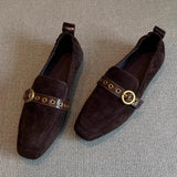 KYLETHOMASW  -  Fashion Metal Belt Buckle Design Loafers Woman Shoes Retro Suede Square Toe Flats Street Style Comfort Casual Shoe Zapatos Mujer