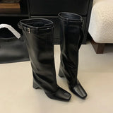 KYLETHOMASW  -  White Square Toe Belt Buckle Shaped Heel Knight Boots Woman Winter 2025 Black Slip-On Thick Heel Knee-High Boots Shoes for Women