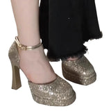 KYLETHOMASW  -  Gradient Bling Color Women Pumps Chunky Round Fashion Platform Shallow Bling Belt Buckle Shoes Spring Sequin High Heels