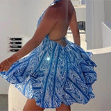 KYLETHOMASW  -  Sexy Women Halter V Collar Backless Mini Dress Women Holiday Blue Floral Lacing up Back Loose Dresses Femme Vestidos Summer Robe