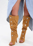 KYLETHOMASW  -  Fashion Retro Style Green Denim Stiletto Heel Knee Boots Full Button Placket Tall Shaft Open Toe Design Casual Boots for Daily