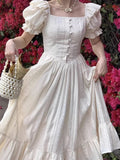 KYLETHOMASW  -  Elegant Women's Square Neck White Dress Summer French Fashion Bubble Sleeves with Ruffle Edge Women Unique Retro Long Dress New