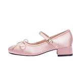 KYLETHOMASW  -  Women/girl's Pink Silk pumps sweet bowtie mary janes shoes woman square toe silk tacones ballerina shoes med-hgh heels bow shoes