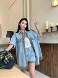 KYLETHOMASW  -  Casual Denim Suit Women's Summer Turn-down Collar Short-sleeved Shirt High Waisted Shorts Two-piece Set Fashion Female Clothes