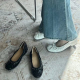 KYLETHOMASW  -  Autumn Vintage Rivet Bowknot Women Ballet Pumps Comfortable Soft Leather 3cm Thick Heeled Lazy Loafers Casual Girls Shoes