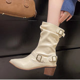KYLETHOMASW  -  Autumn Winter Women Western Cowboy Boots Vintage Slip On Thick Heel Shoes Ladies Mid Calf Botas Zapatos De Mujer