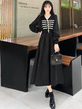 KIylethomasw Autumn and Winter Korean New Version of the Fashion V-neck Large Size Midi Fake Two-piece Knitted Splicing Loose Skinny Dresses