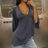 KYLETHOMASW  -  Women Casual Deep V Neck Blouse Loose Fit Long Sleeve Top Flowy Bell Sleeve Tunic Shirt Daily T-shirt Sexy Summer Outfit