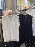Limiguyue Korean V Neck Lace Vest Coat Women Summer Trendy Daily Pullover Outwear Loose White Sleeveless Office Work Tops 056B