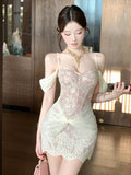 KYLETHOMASW  -  Fashion Hotsweet Women Lace Evening Gown Sexy Off-Shoulder Slim Mini Short Dress Party Birthday Vestido Holiday Vacation Clothes