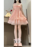 KYLETHOMASW  -  Summer New France Sweet Elegant Girl Pink Polka Dot Dress Women's Japanese Kawaii Slim Sling Off Shoulder Short Cute Dresses