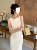 KYLETHOMASW  -  Elegant High Waist Slit One Shoulder Women's Dress Stylish A-Line Skirt Cotton Blend Sleeveless Midi Dress for Middle-Aged Women