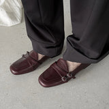 KYLETHOMASW  -  Elegant Burgundy Square Toe Loafers Women Fashion Metal Buckle Stitching Designer Shoes Comfortable Commuting Flat Office Shoes
