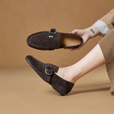 KYLETHOMASW  -  Genuine Leather Flats Women Luxury Metal Buckle-Decorated Women's Suede Loafers Light Comfortable Cow Suede Shoes for Women