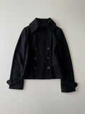 KYLETHOMASW  -  Women's black double-breasted short windbreaker wide collar and long sleeves short jacket casual wear Y2K punk gothic aesthetic