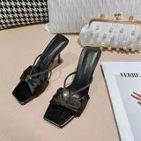KYLETHOMASW  -  Sexy purple satin rhinestone strap sandals women's 2025 summer new square bow open-toe comfortable high-heeled slippers